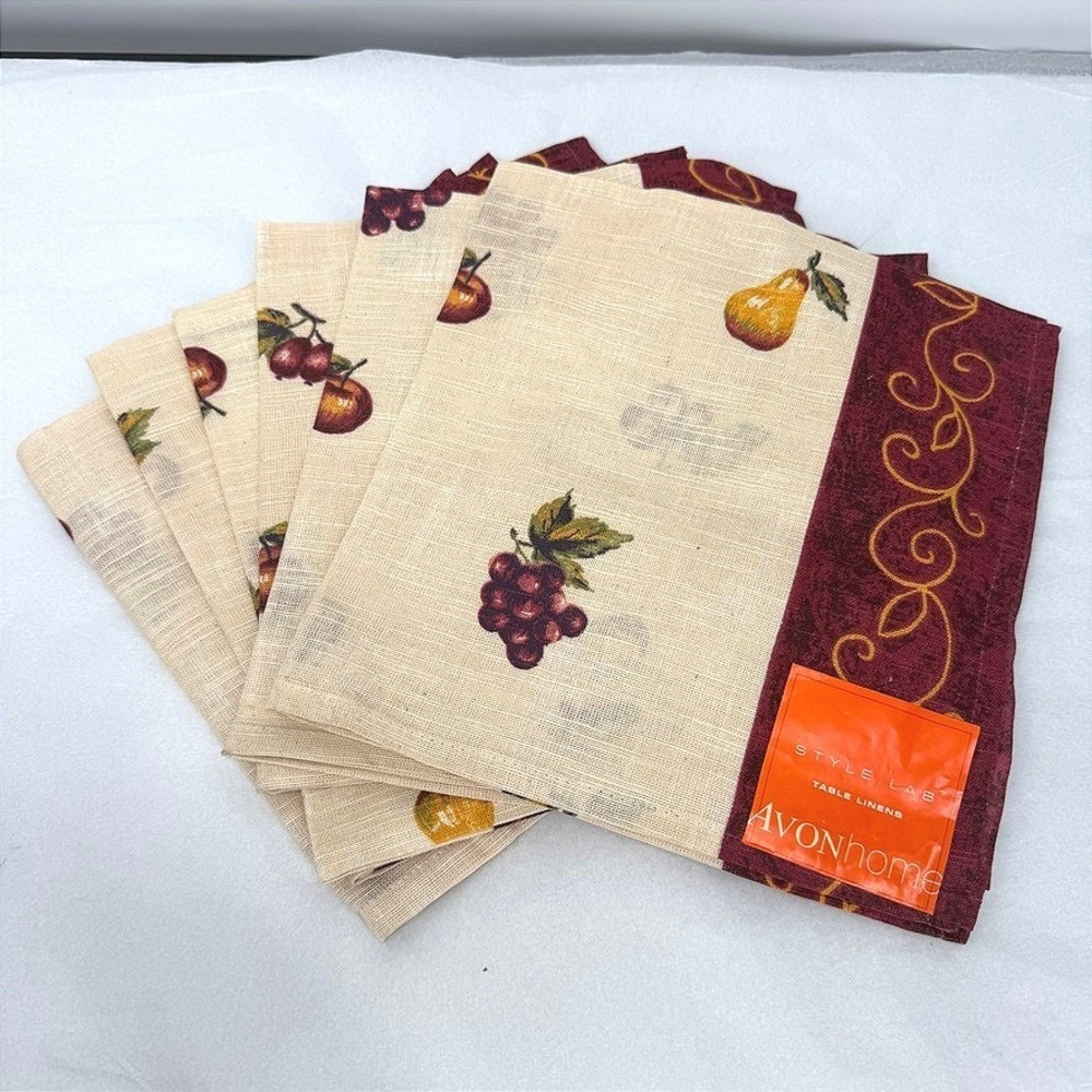 Avon Cloth Napkins Home Style Lab 6pc NEW Table Linens Fruit Print Scroll Edge